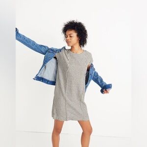 Madewell Black and White Striped Linen Blend Play Button-Back Tee Dress,small